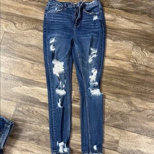 Trendy Distressed Skinny Jeans in Dark Blue